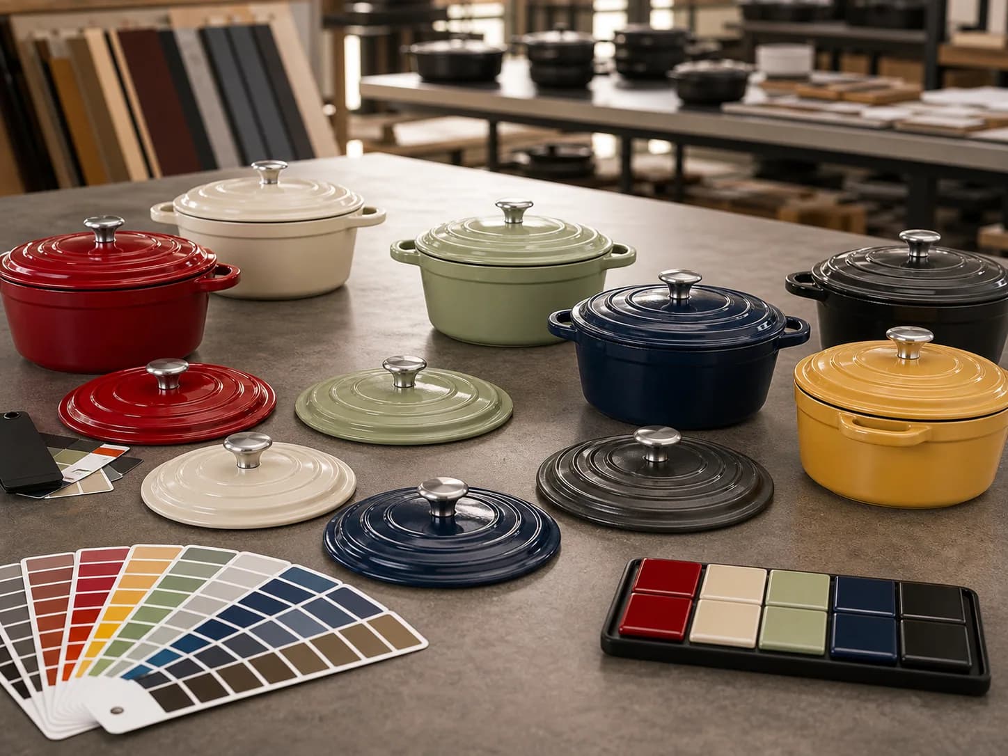Custom enamel color samples for cast iron cookware