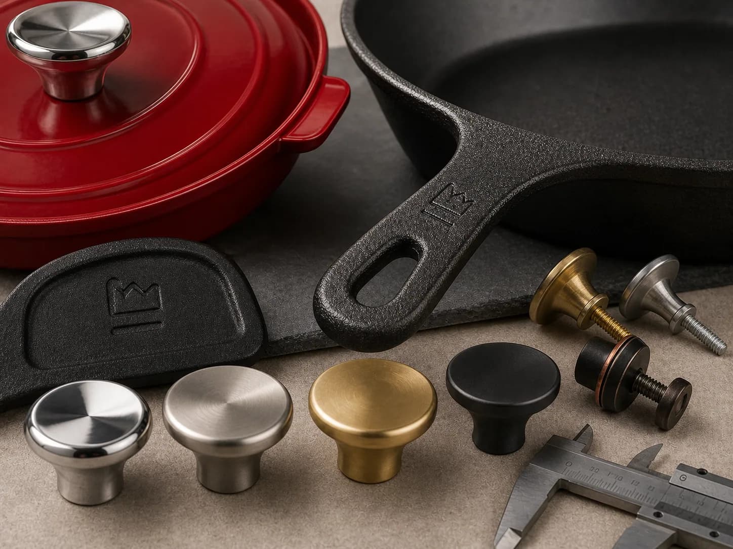 Cast iron cookware logo hardware and knob customization samples