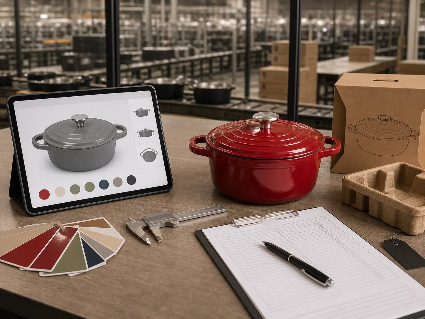 Cast iron cookware sample approval desk with 3D preview and inspection tools