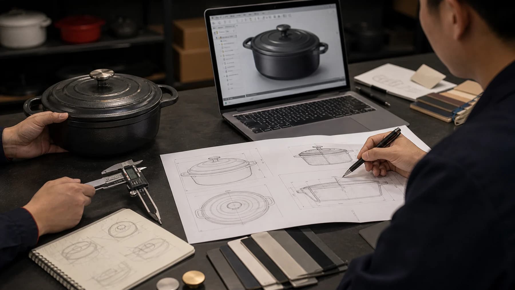2D and 3D cast iron cookware design drawing concept