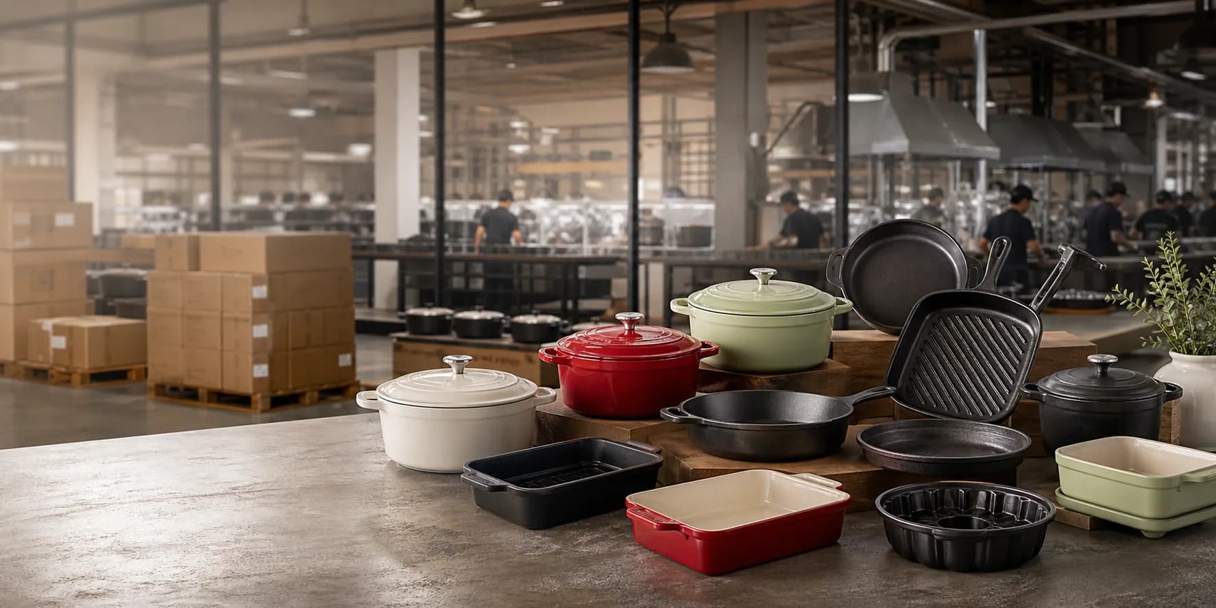 Happiness Cookware export showroom with cast iron cookware for OEM buyers